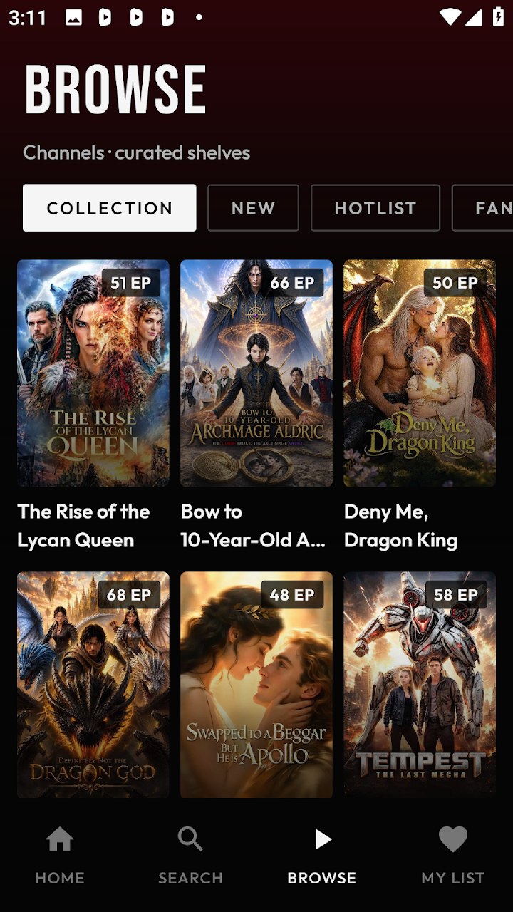 Browse screen with curated short drama collections